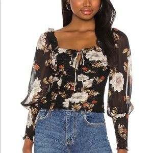 ASTR the Label Square Neck Ruched Top in Black Multi Floral